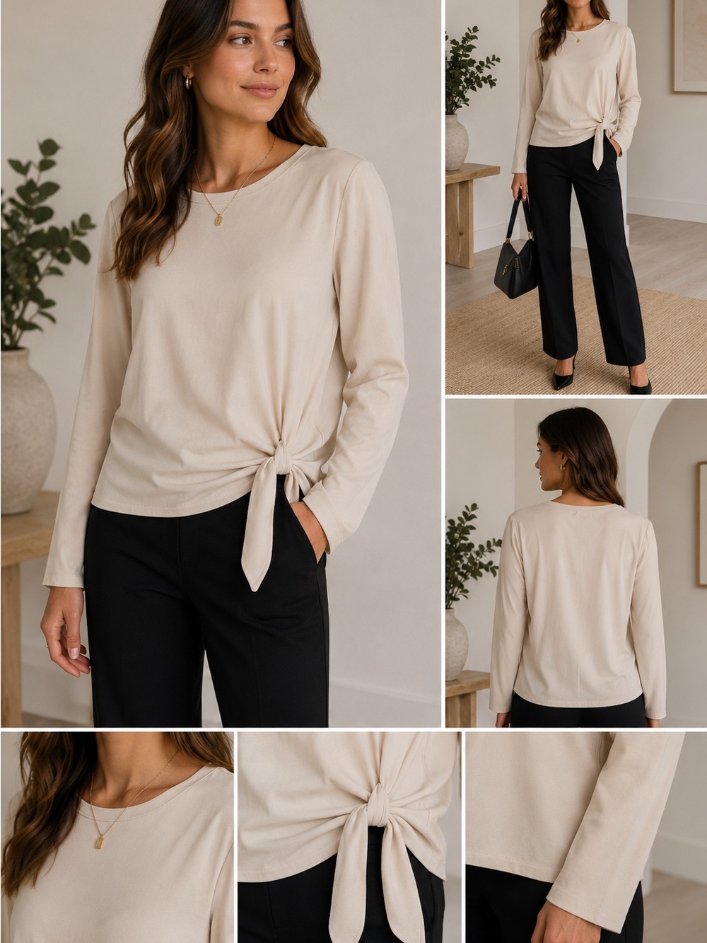 Theory Cream Tie Front Long Sleeve Blouse Minimalist Quiet Luxury Top Small